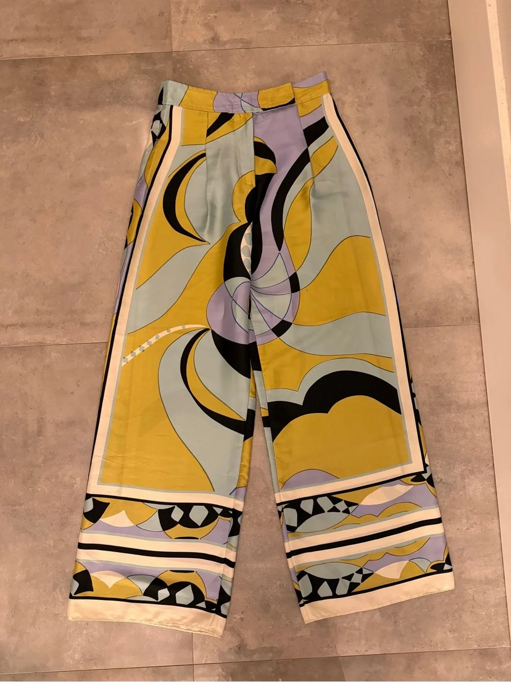 Zara Yellow Lavender and Black Abstract Wide-Leg Pants | XS